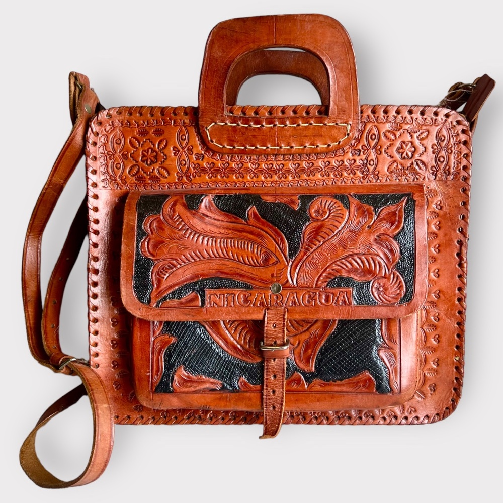 Vintage Hand Tooled Leather Crossbody Satchel Bag Black and Brown - Picture 8 of 8